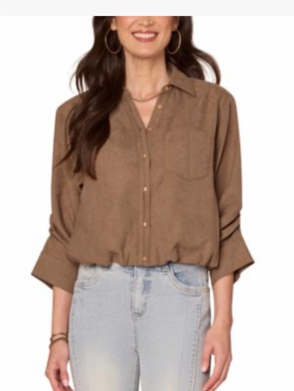 Democracy Olive Ruched Sleeve Bubble Hem
